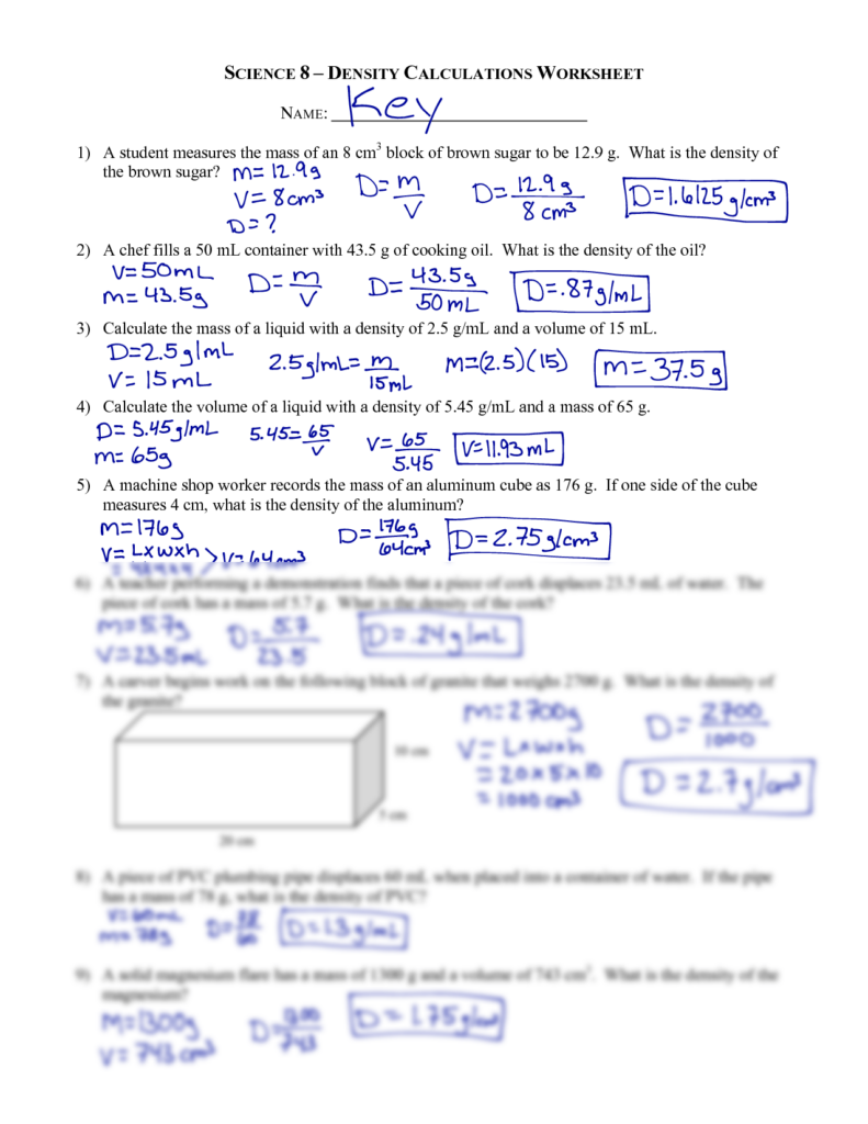 Density Worksheet Answers Physical Science
