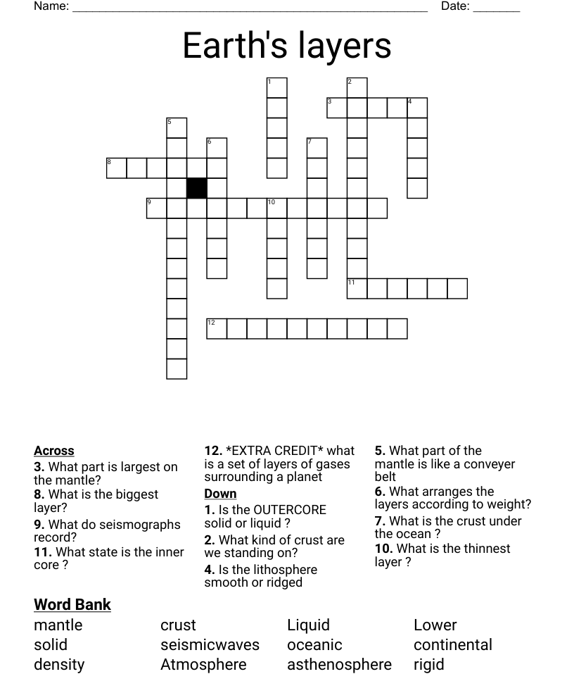 Earth s Layers Crossword WordMint