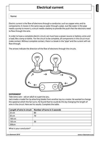 Electrical Current 1 Natural Science Worksheet Grade 6 Escolar 