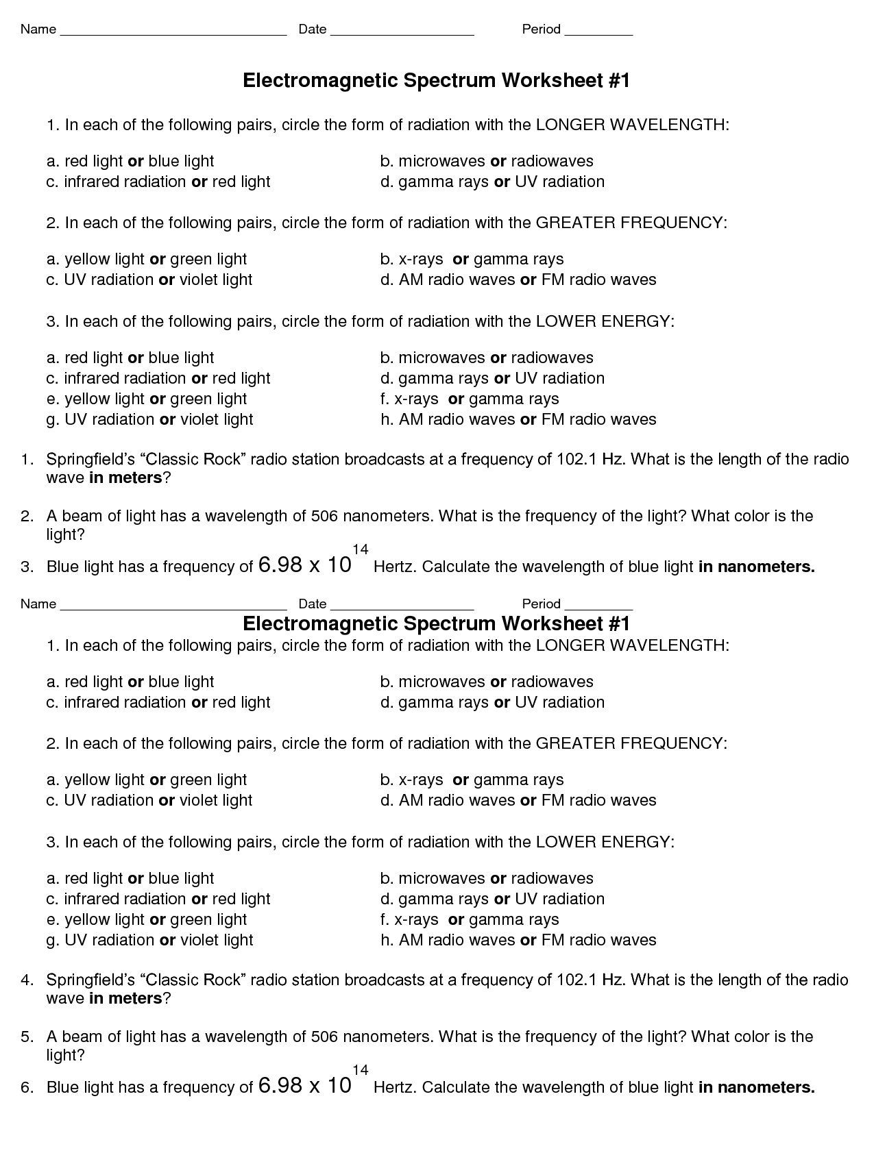 Electromagnetic Wave Worksheet Answers