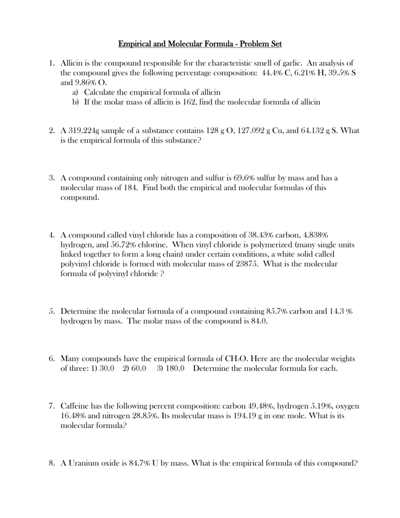 Empirical And Molecular Formulas Worksheet