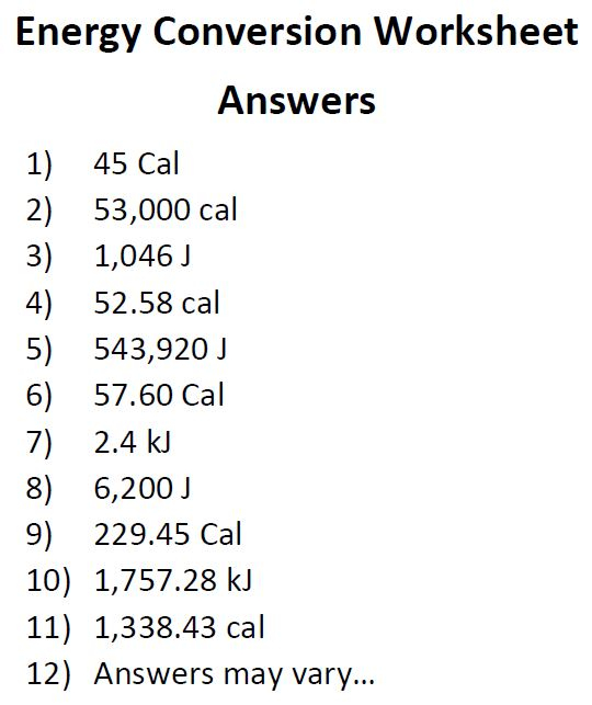 Energy Conversions Worksheet Answer Key