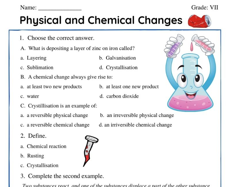 Free Interactive Physical And Chemical Changes Class 7th Worksheet PDF