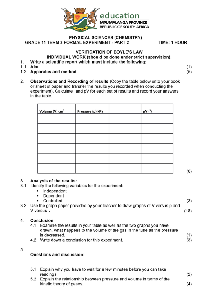 Grade 11 TERM 3 Formal Experiment Boyle S LAW Part 2 2 PHYSICAL 