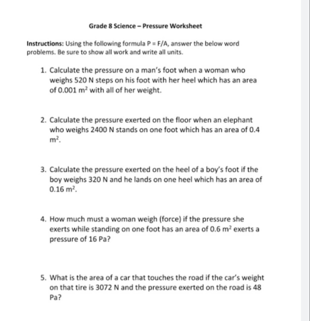 Grade 8 Science Pressure Worksheet Instructions Using The Following Fo 