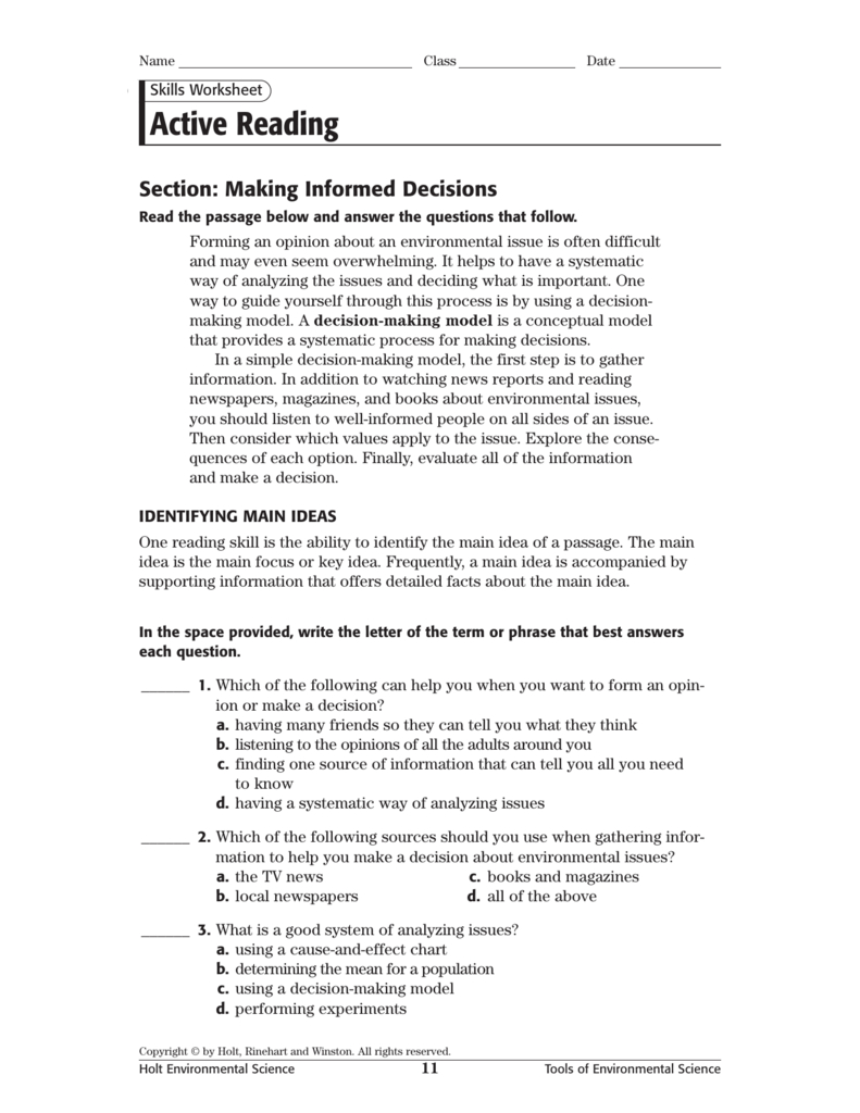 Holt Environmental Science Skills Worksheet Active Reading Answer Key 