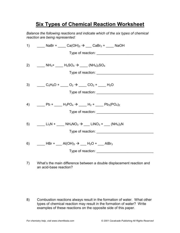 Identifying Types Of Chemical Reactions Worksheets