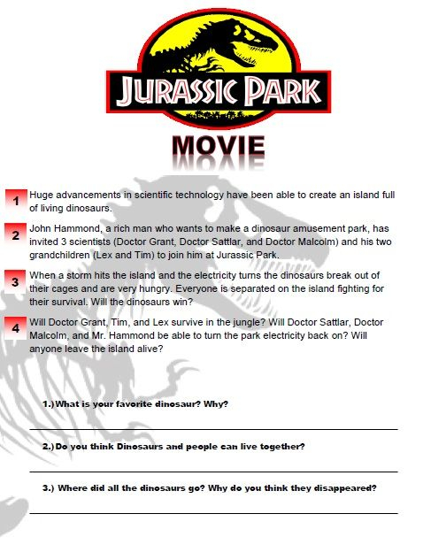 Jurassic Park Movie Worksheet Jurassic Park Movie Jurassic Park 