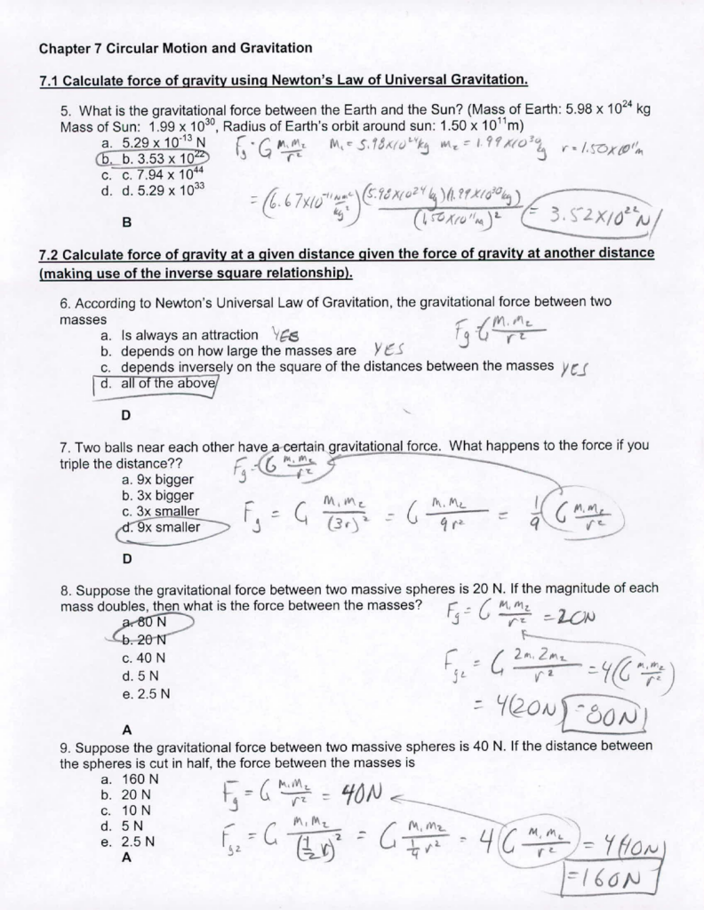 Law Of Universal Gravitation Worksheet Answers Coearth