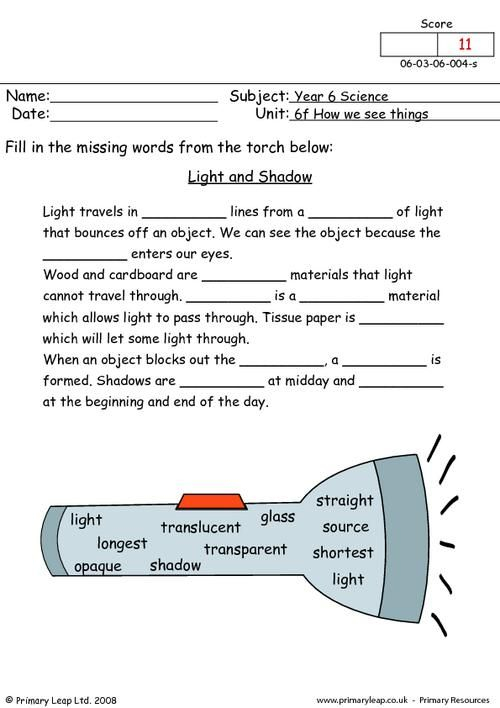 Light Worksheet For Grade 4