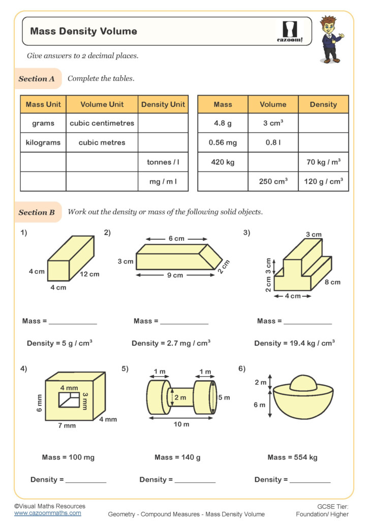 Mass Density Volume Worksheet Printable Maths Worksheets