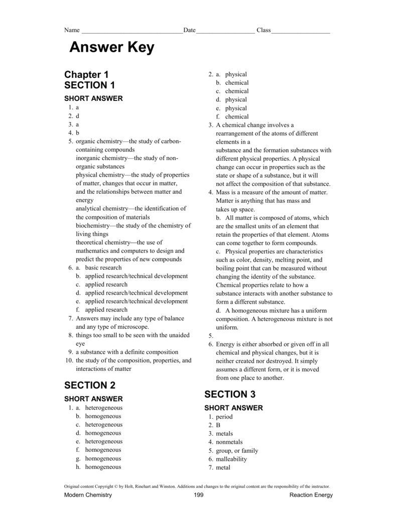 Modern Chemistry Holt Rinehart And Winston Worksheet Answers