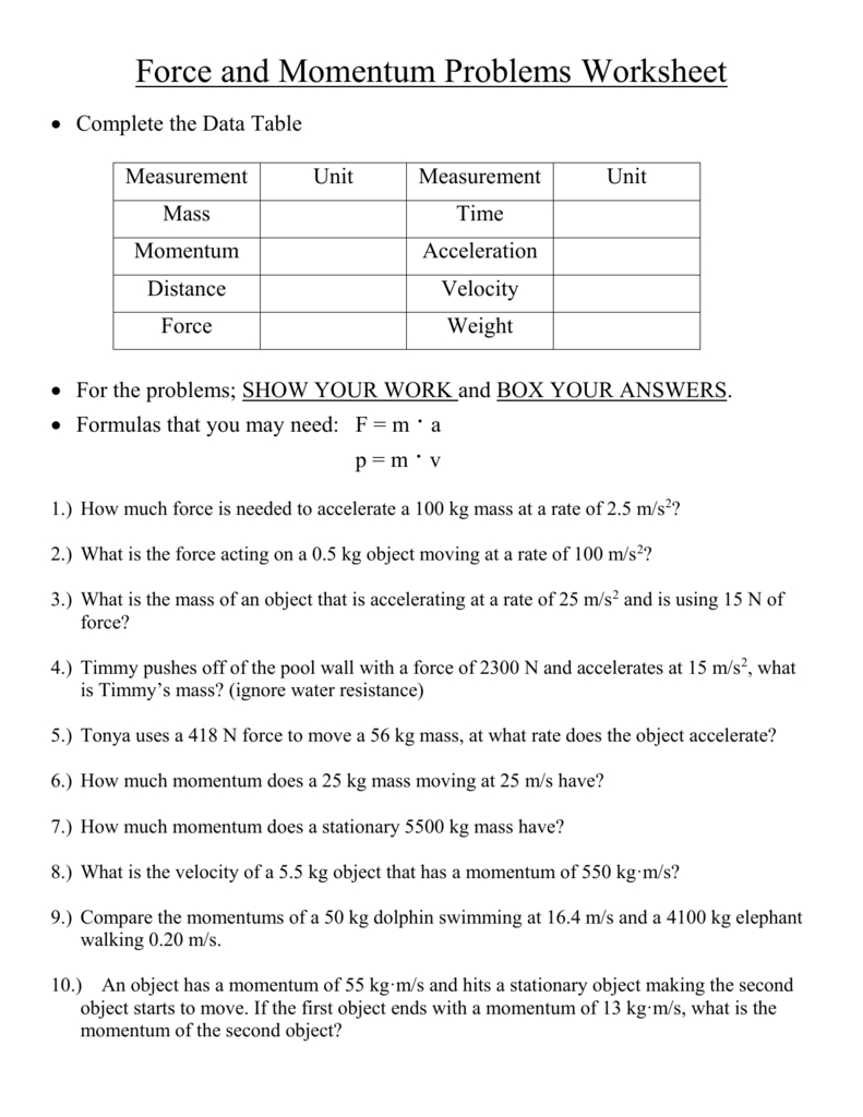 Momentum Calculation Worksheet