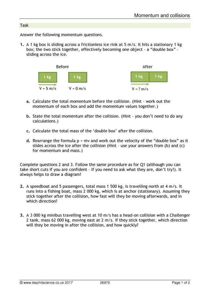 Momentum Worksheet KS4 Physics Teachit