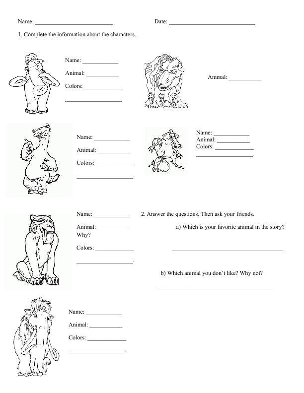 Movie Worksheet Ice Age 3 Characters Description 