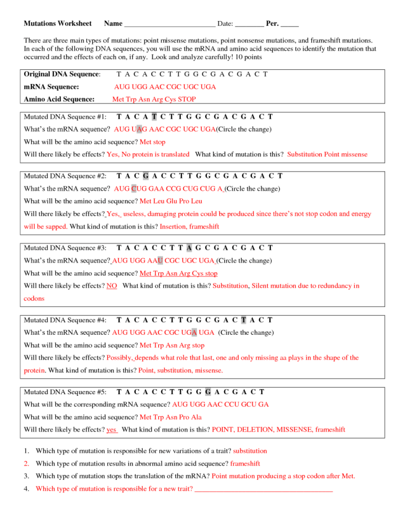 Mutations Worksheet Part 1 Gene Mutations Answer Key