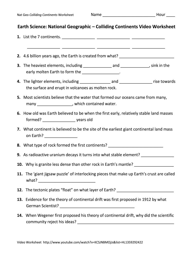 National Geographic Colliding Continents Video Worksheet Answer Key Pdf