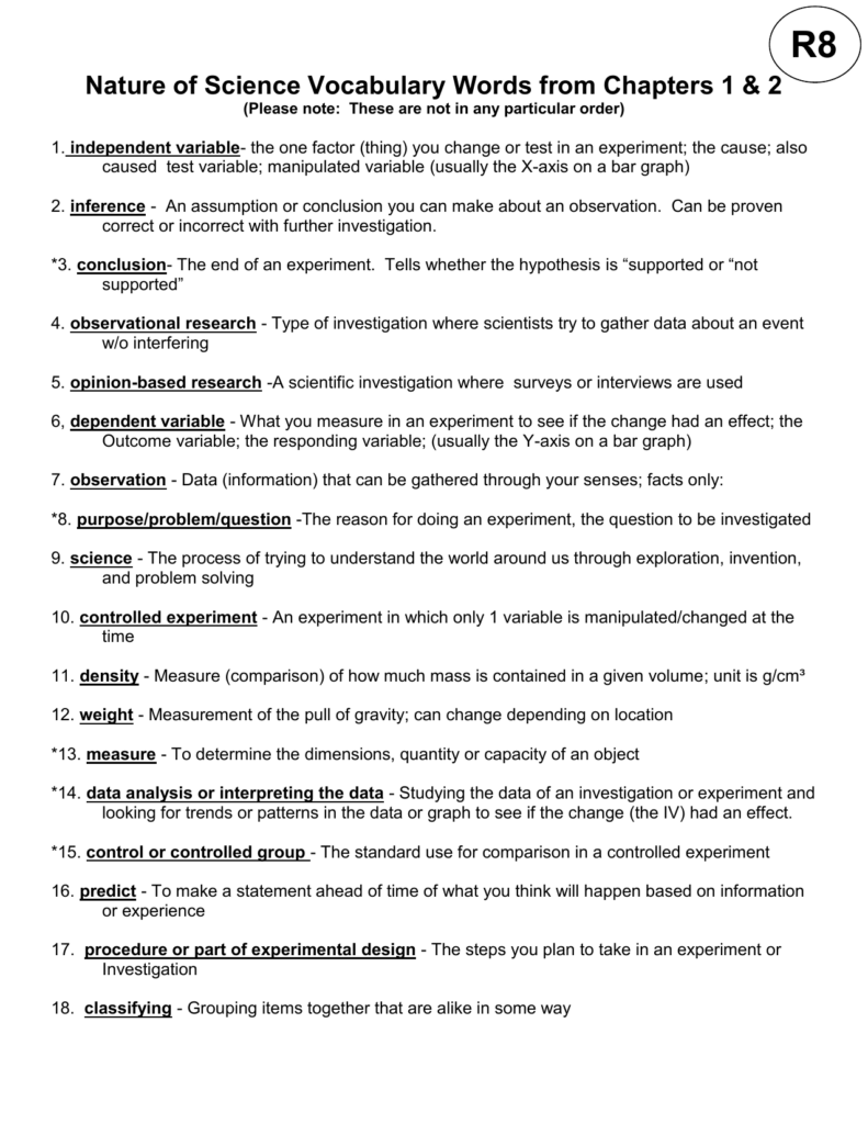 Nature Of Science Vocabulary Worksheet