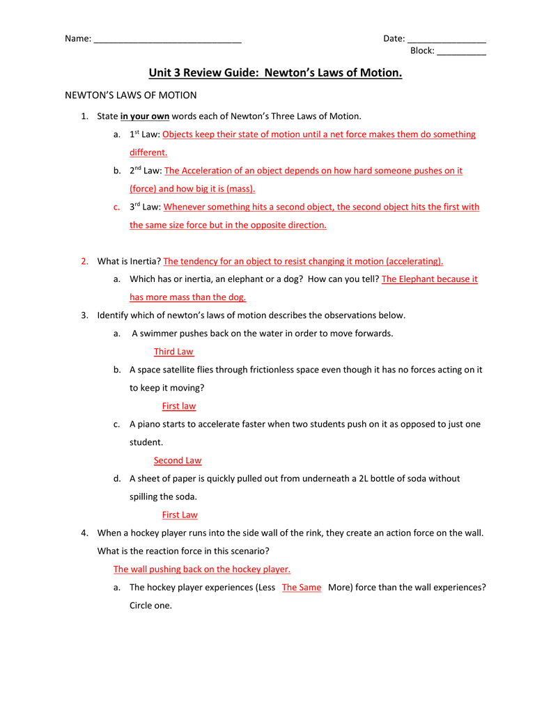 Newton s Laws Of Motion Worksheet For Kids