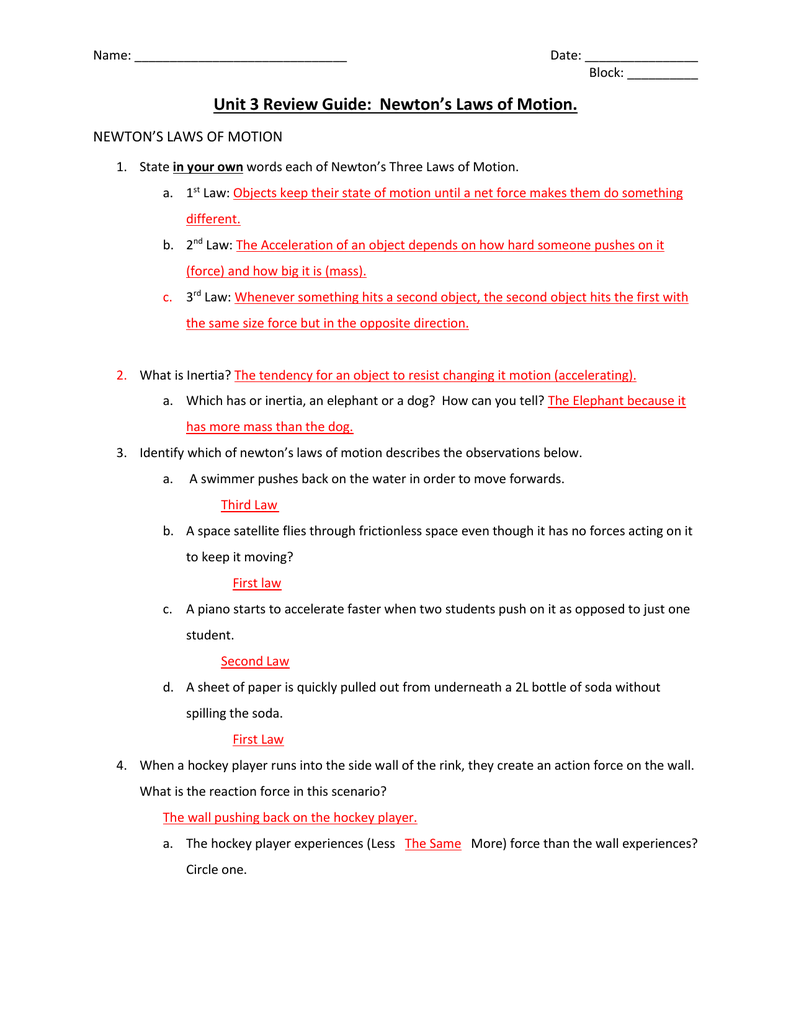 Newton s Laws Worksheet Answers