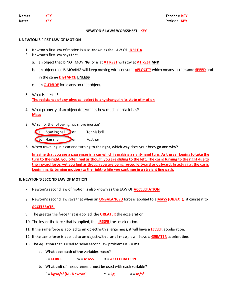 Newton s Laws Worksheet Answers