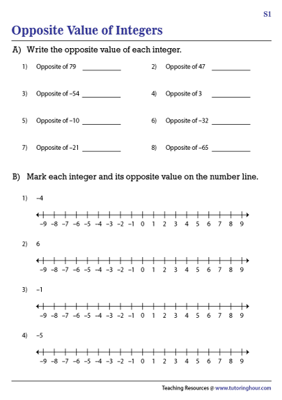 Opposite Value Of Integers Worksheets