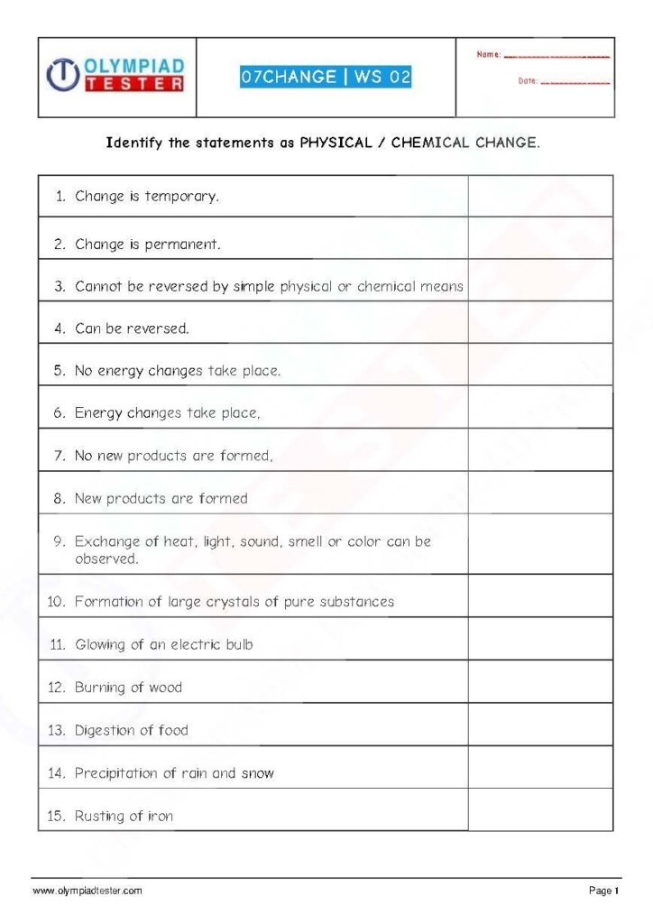 Physical And Chemical Changes Worksheets With Answers