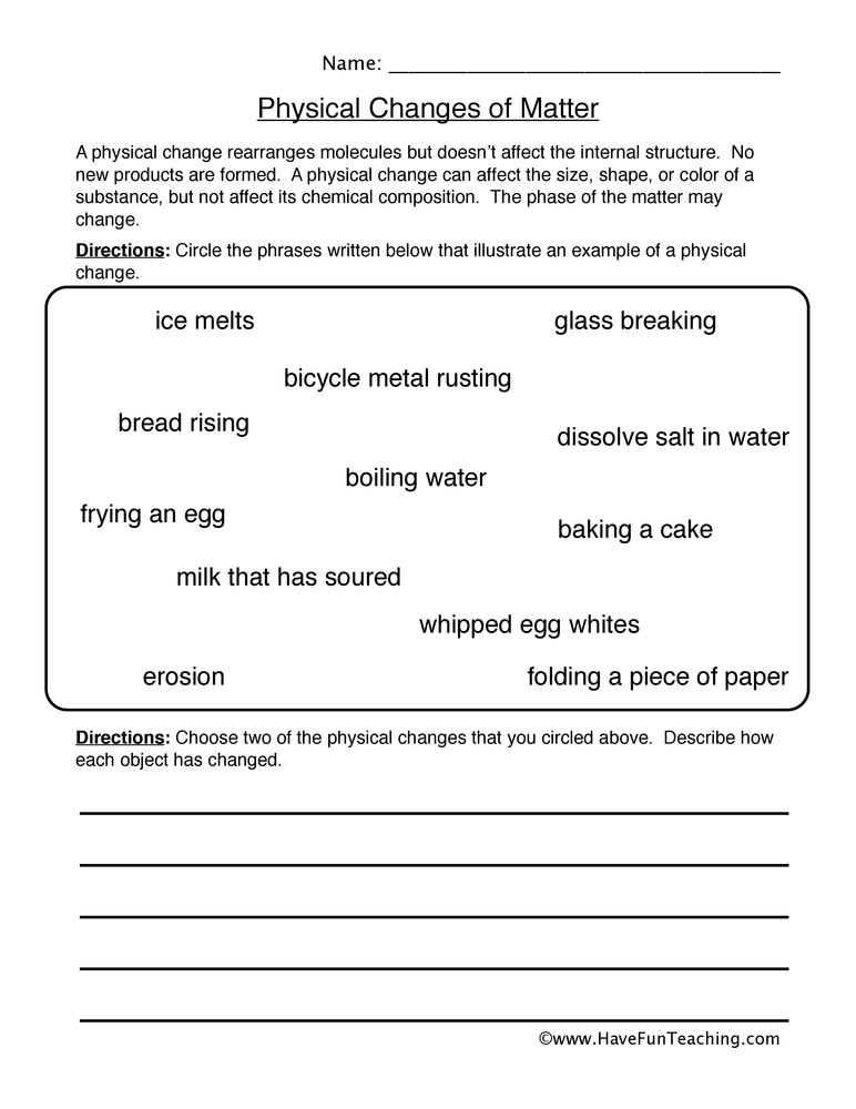 Physical Changes Matter Worksheet By Teach Simple