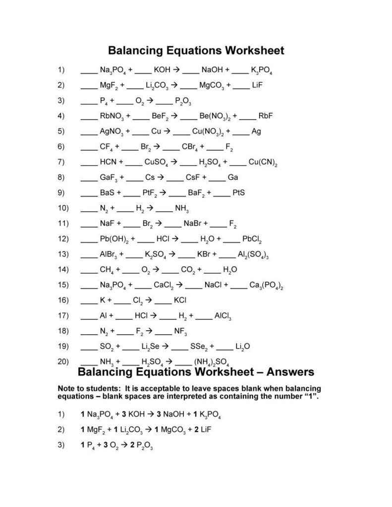 Physical Science Balancing Equations Worksheet Answers