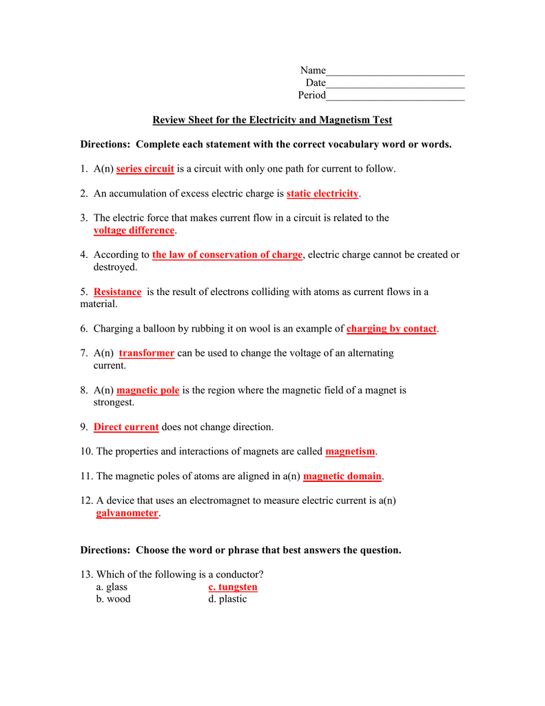 Physical Science Electricity Worksheet