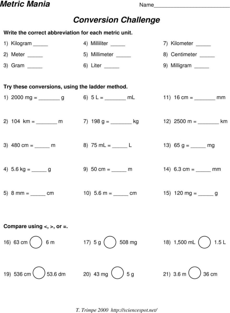 Physical Science Metric Conversion Worksheet