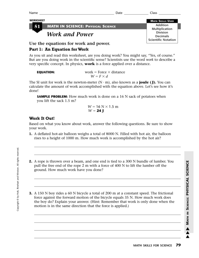 Physical Science Work And Power Worksheet Answers Db excel