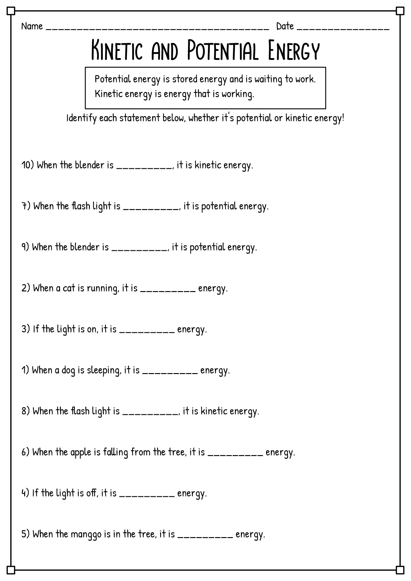 Power Work Physical Science Worksheet