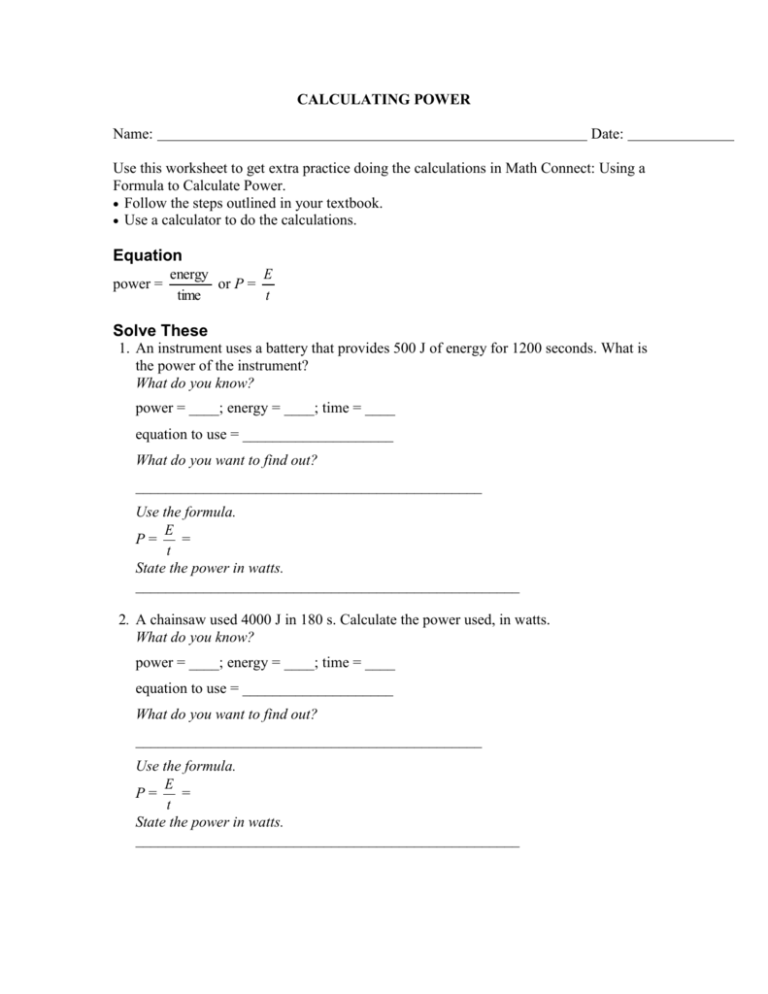 Power Worksheet With Answers Pdf