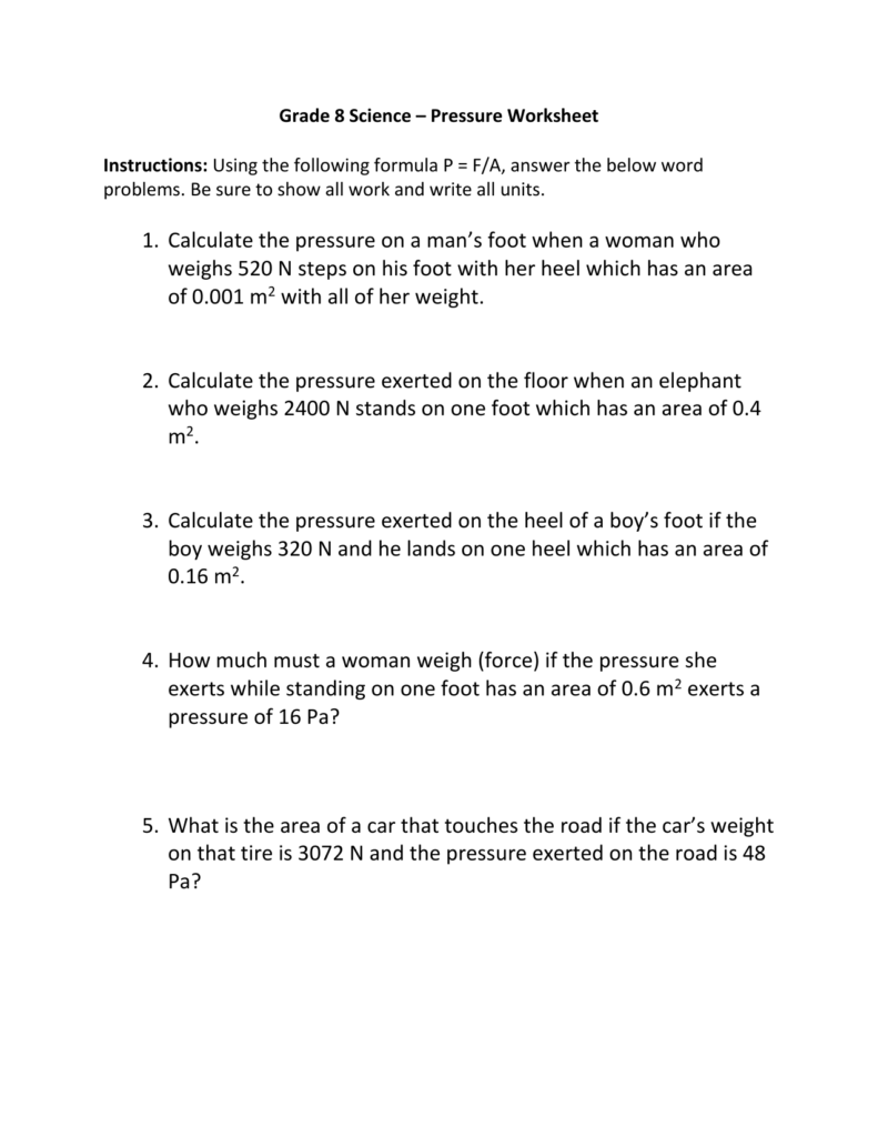 Pressure Worksheet 1 