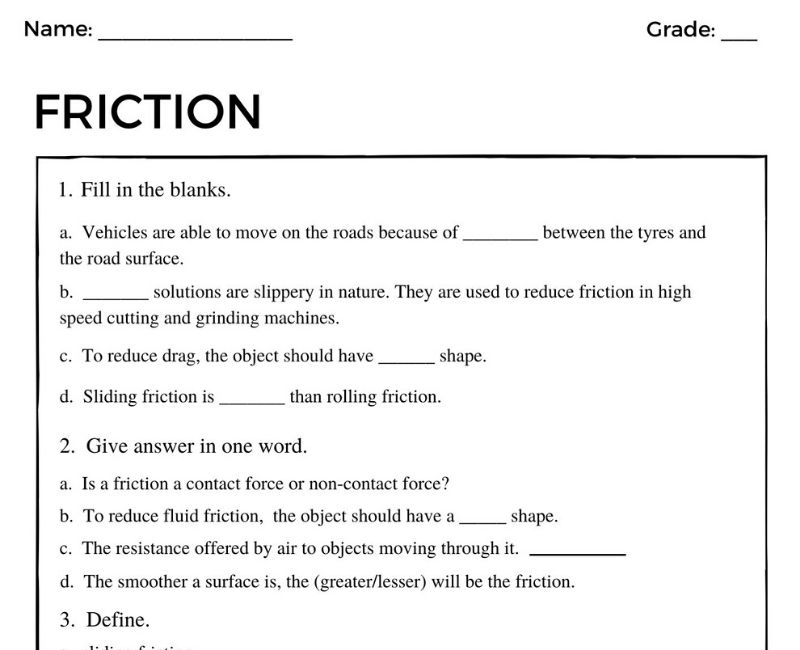 Printable Friction Worksheet For 8th Class Students