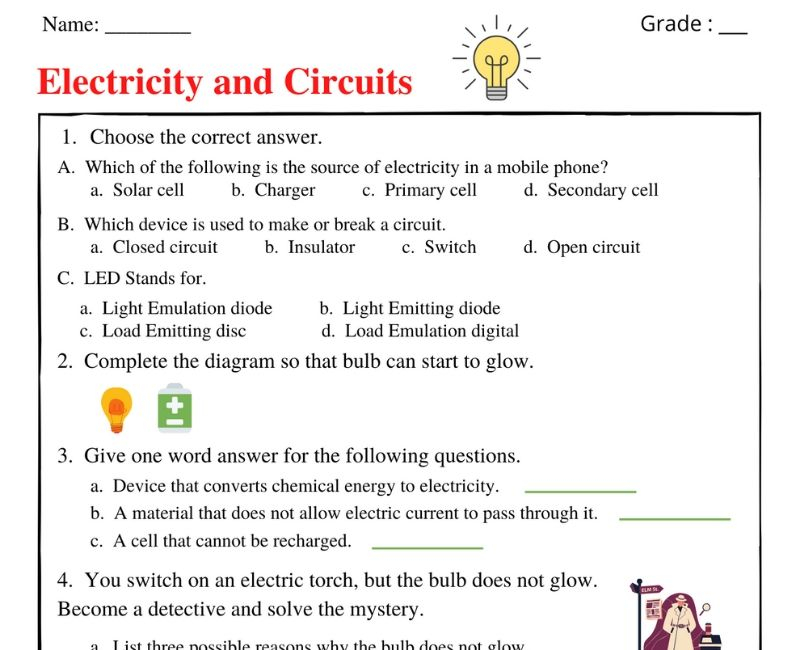 Printable Worksheets For Class 6 Electricity And Circuits