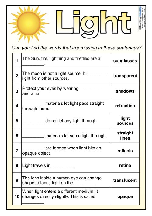 Properties Of Light Worksheet