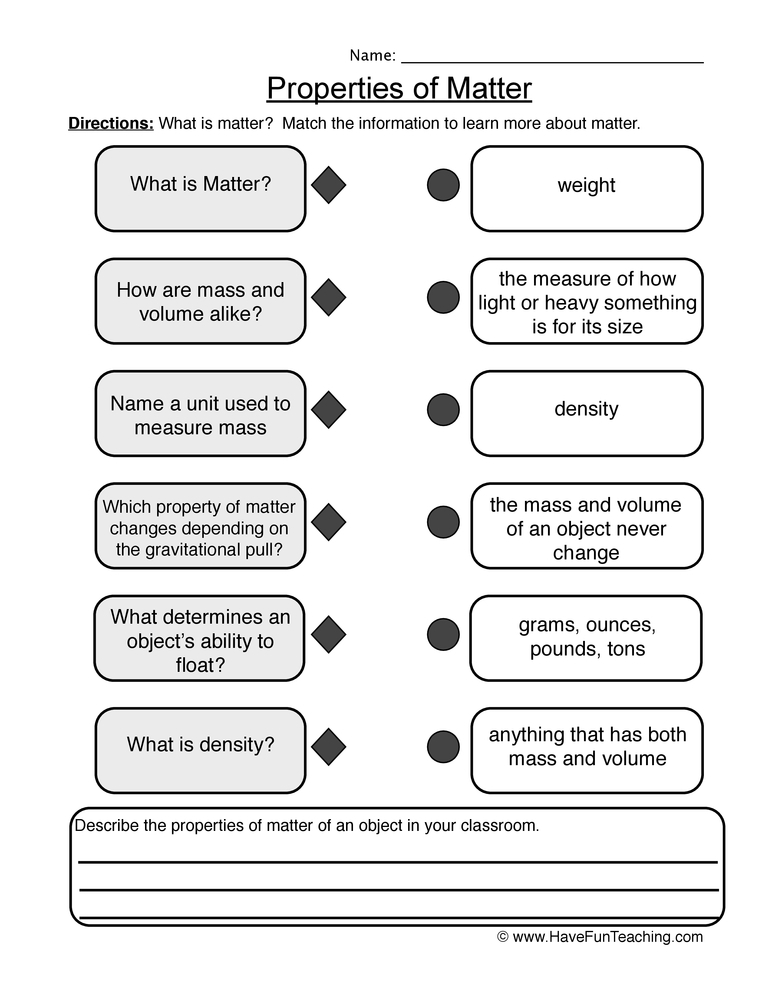 Properties Of Matter Definitions Worksheet Have Fun Teaching