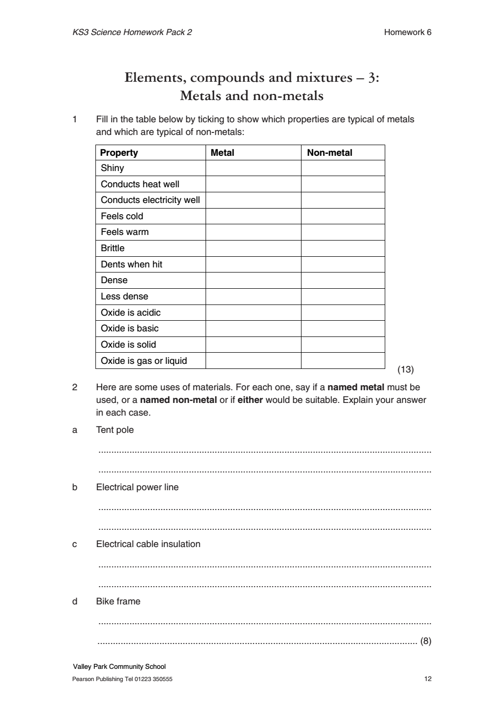 Properties Of Metals And Nonmetals Worksheet Worksheets For Kindergarten