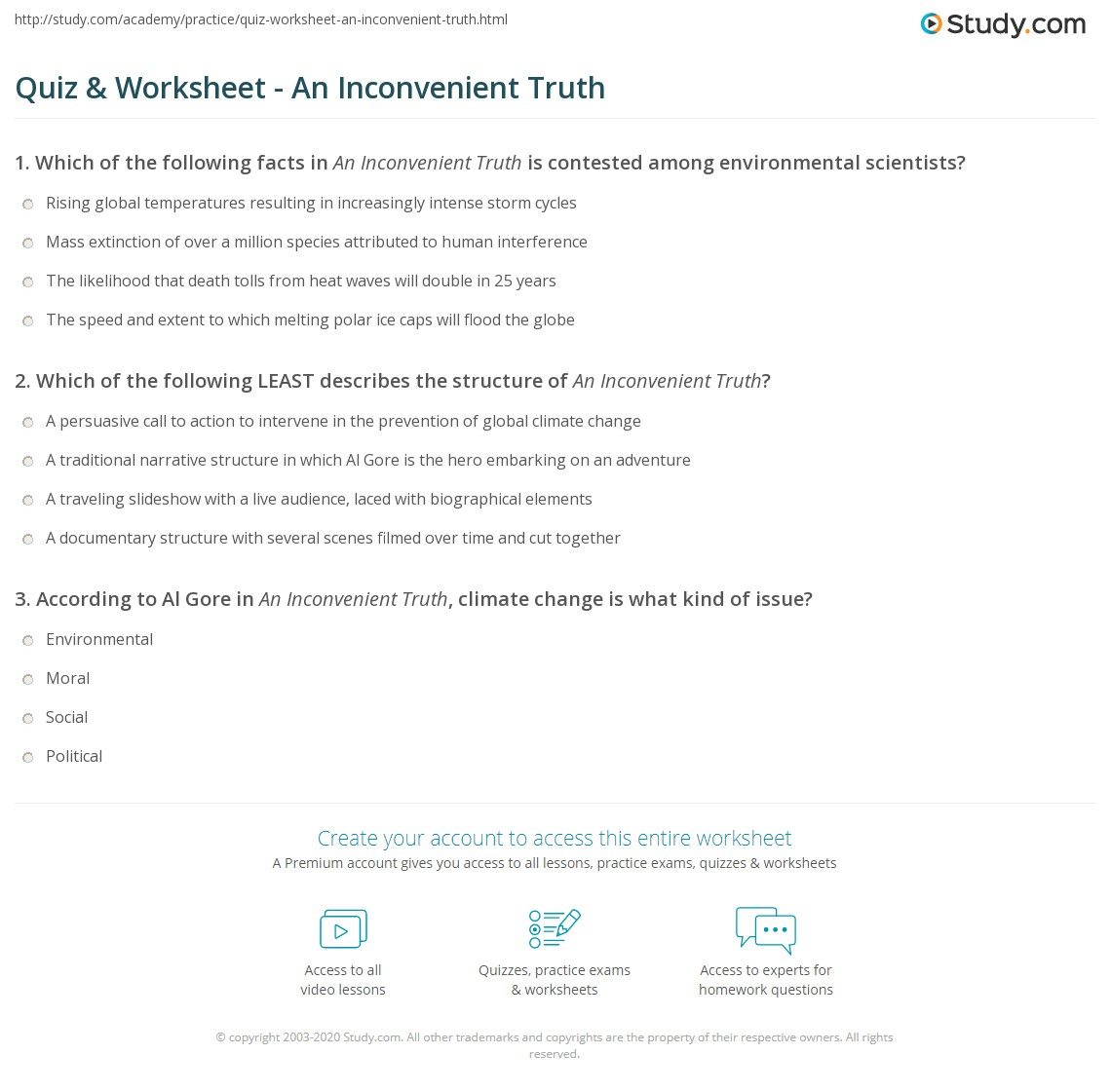 Quiz Worksheet An Inconvenient Truth Study