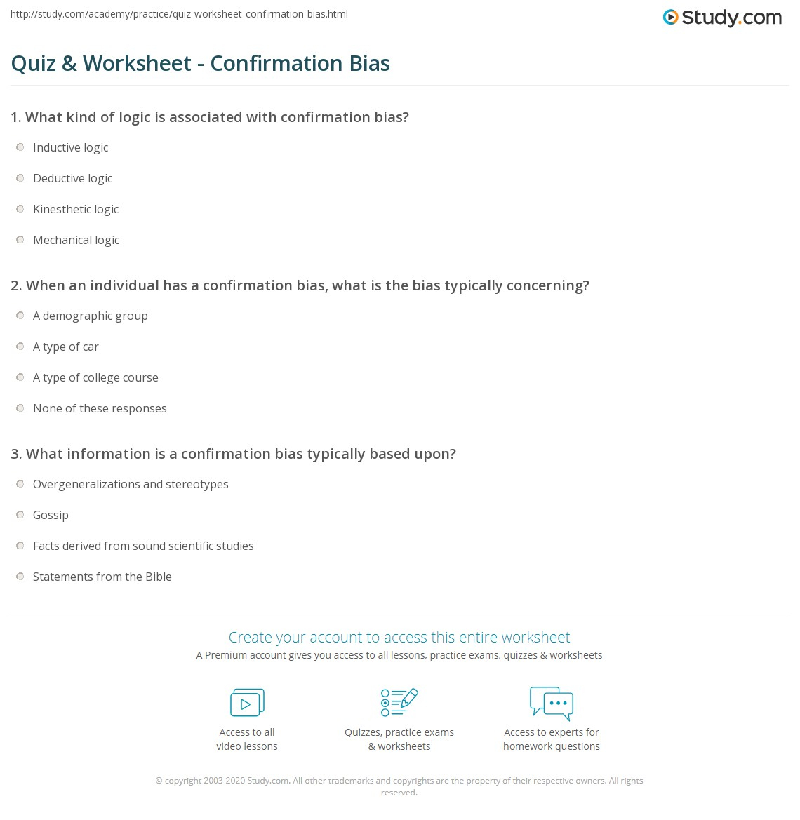 Quiz Worksheet Confirmation Bias Study