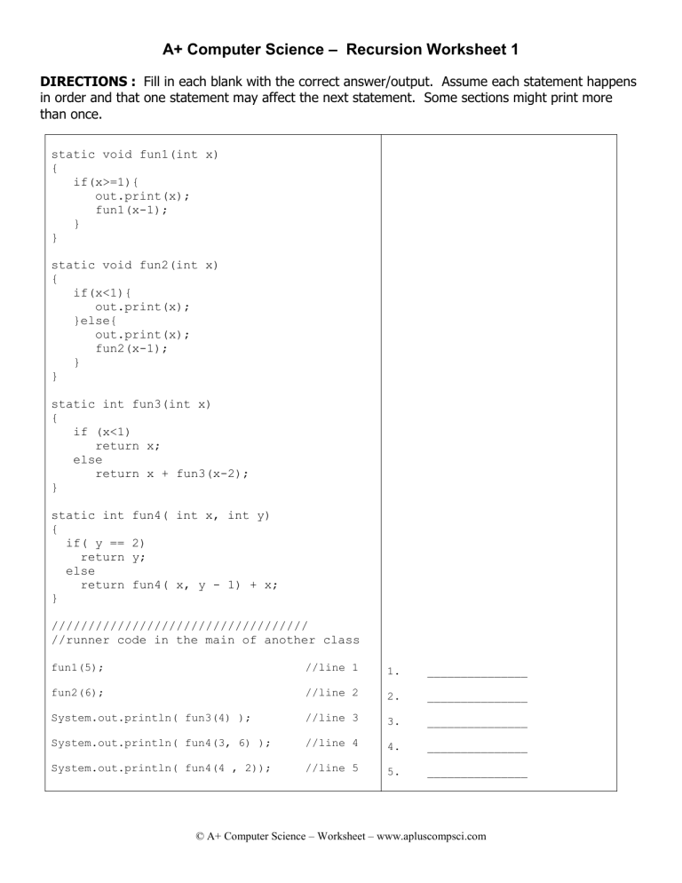 Recursion Worksheet1 Java Aplus