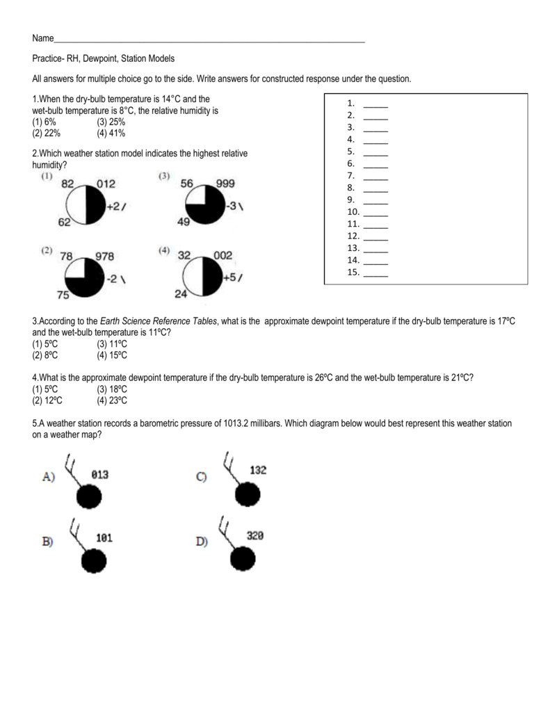 Regents Earth Science Weather Station Model Worksheet 