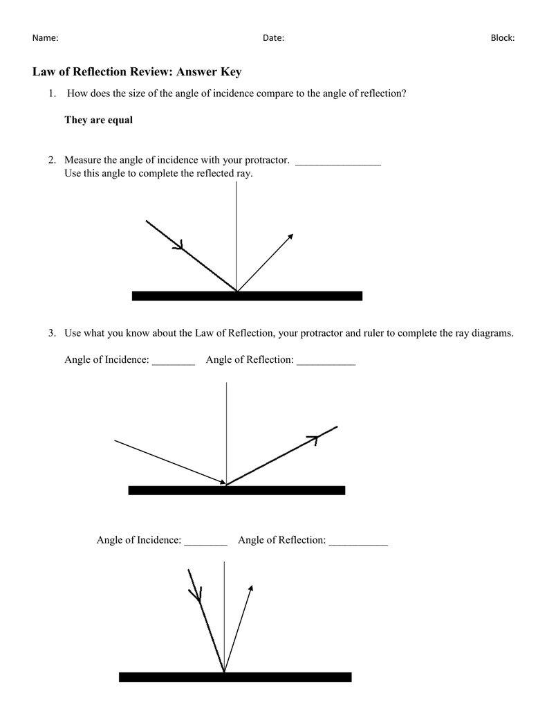 Science 8 Optics Lesson 12 Reflection Worksheet Answer Key