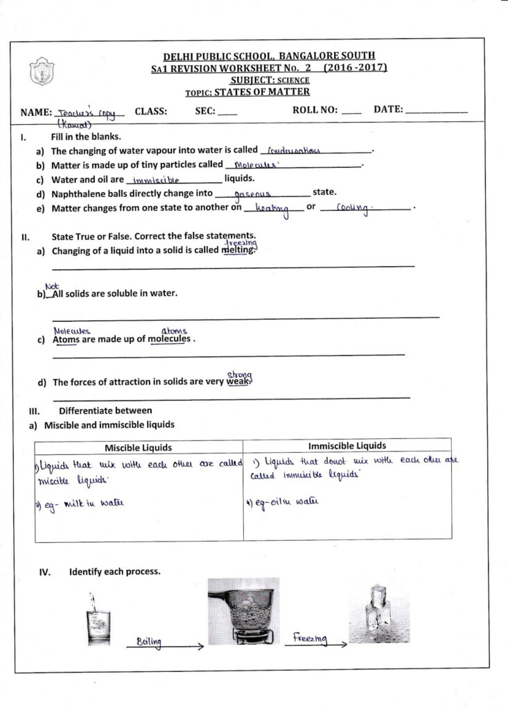 Science 8 States Of Matter Worksheet Answers