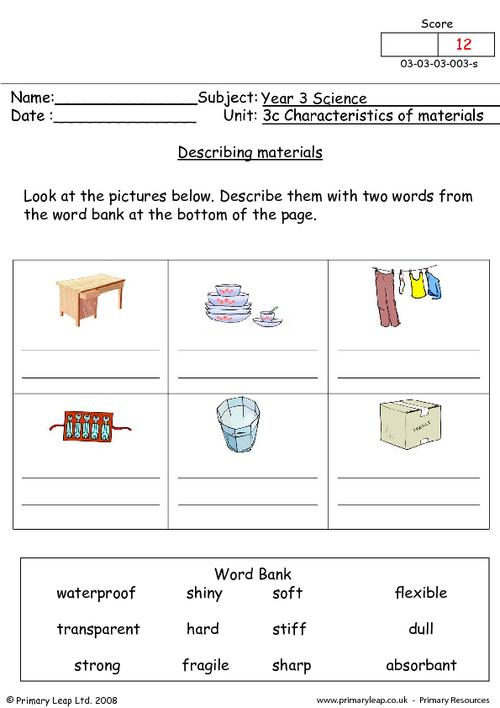 Science Describing Materials Worksheet PrimaryLeap co uk