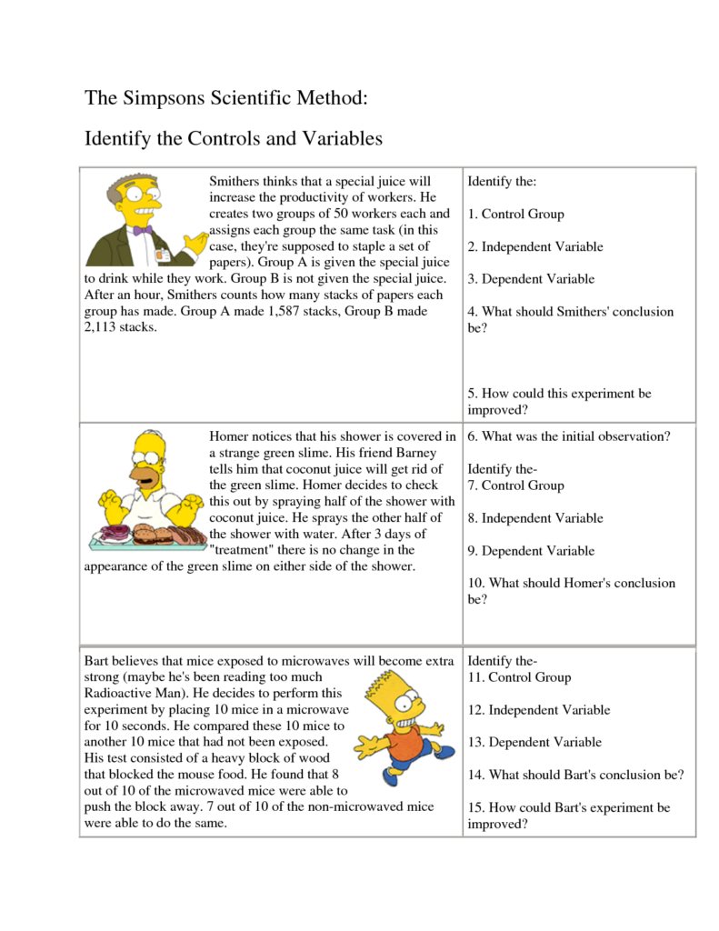 Science Variables Worksheet With Answers