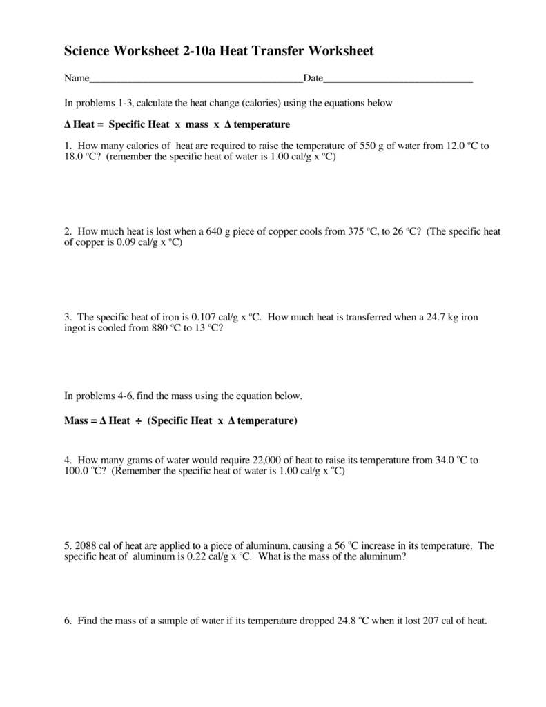 Science Worksheet 2 10a Heat Transfer Worksheet