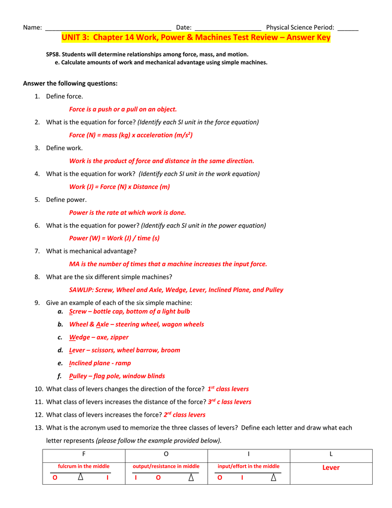 Simple Machines Worksheet Answers